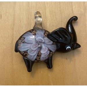 Black Elephant & Pink/Gold Flower‎ Hand Blown Art Glass Lampwork Pendant